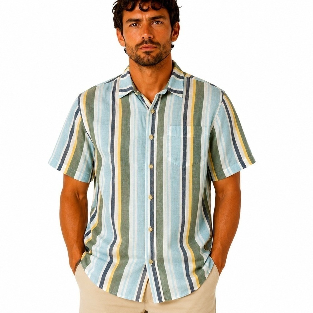 Aeropostale Button Down Shirt Mens Medium Blue Green Striped Cotton Hemp‎ 2656